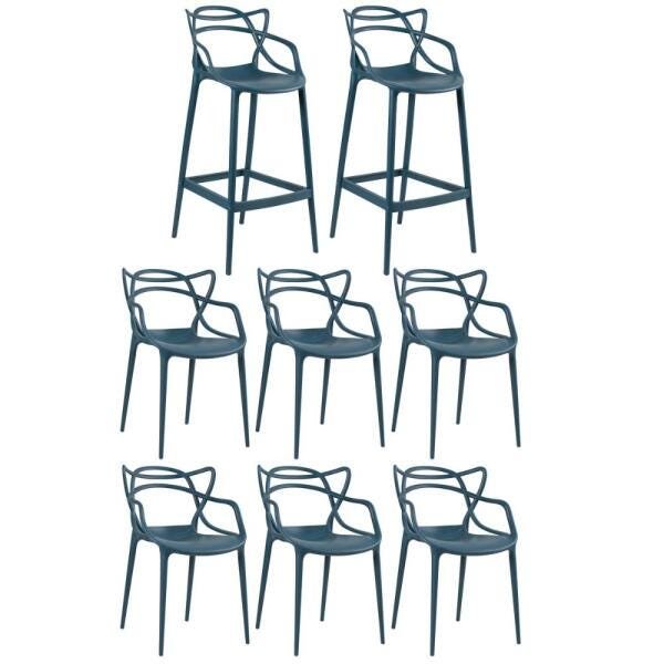 Kit 6 Cadeiras e 2 Banquetas Altas Masters Allegra - Azul Petróleo - 1