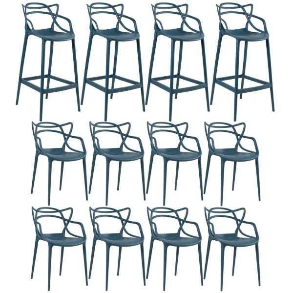 Kit 8 Cadeiras e 4 Banquetas Altas Masters Allegra - Azul Petróleo