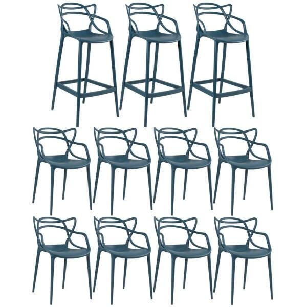 Kit 8 Cadeiras e 3 Banquetas Altas Masters Allegra - Azul Petróleo - 1