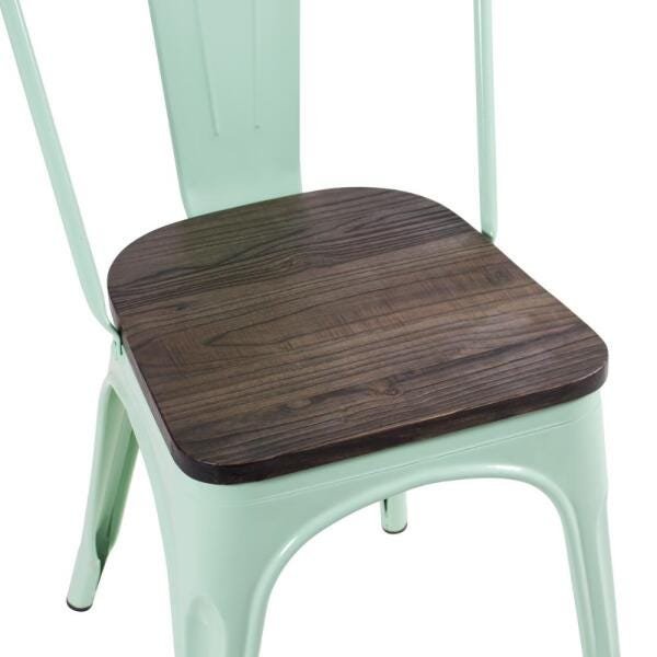 Kit 2 Cadeiras + 2 Banquetas Tolix com Encosto Alto - Verde Claro Assento Madeira Rústica Escura - 8