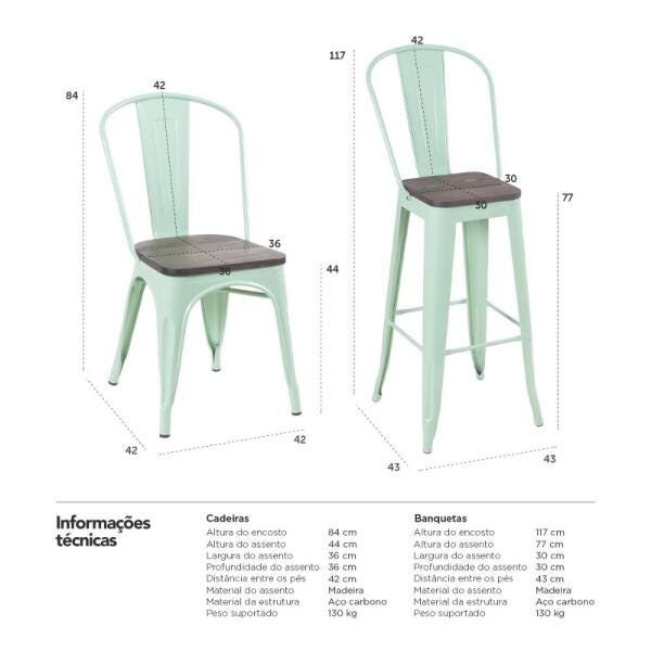 Kit 2 Cadeiras + 2 Banquetas Tolix com Encosto Alto - Verde Claro Assento Madeira Rústica Escura - 9
