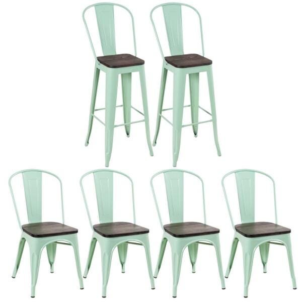 Kit 4 Cadeiras + 2 Banquetas Tolix com Encosto Alto - Verde Claro Assento Madeira Rústica Escura - 1