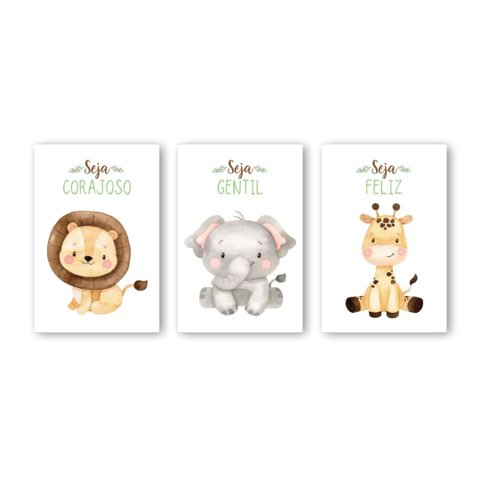 Kit 3 Quadros Decorativos em Mdf Safari Baby Aquarela