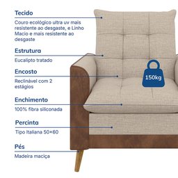 Poltrona York C/ Puff em Linho com Detalhes Courino Just Time - 2