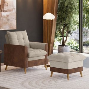 Poltrona York C/ Puff em Linho com Detalhes Courino Just Time
