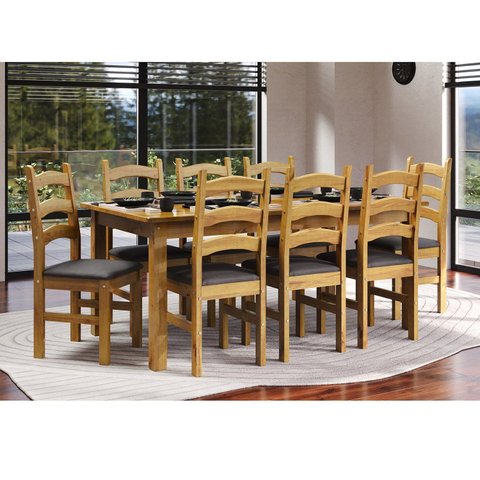 Conjunto com Mesa de Jantar 180cm e 8 Cadeiras Estofadas 100% Madeira Maciça Napoli Espresso Móveis Marrom/Nogueira/Cinza