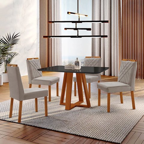 Conjunto Sala de Jantar Mesa Floripa Madeira Maciça 120x80cm Tampo Retângular Vidro Preto com 4 Cade