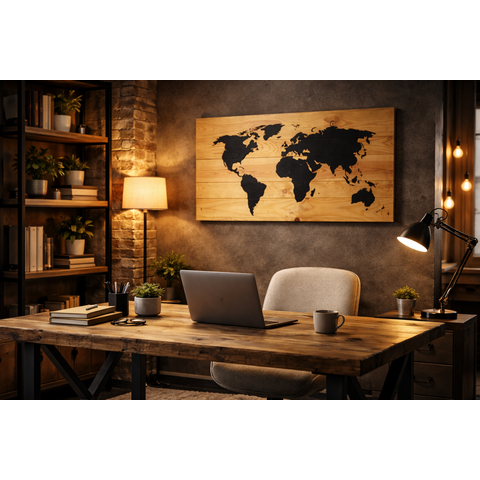 Mapa Múndi Preto em Madeira Natural