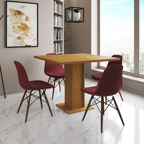 Mesa Jantar Londres Quadrada Canela 90cm 4 Cadeiras Eames Estofadas Vermelho Madeira