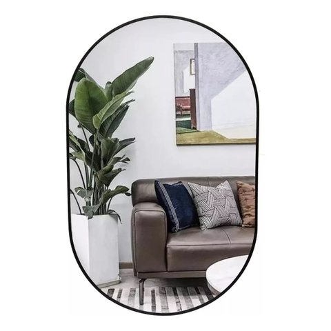 Espelho Oval 70x50cm com Moldura Alumínio Preto