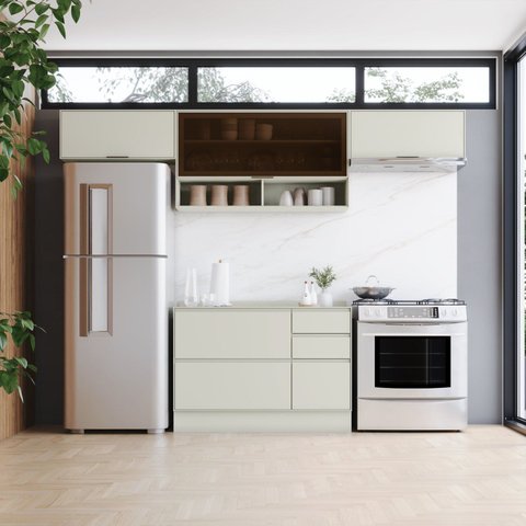 Cozinha Compacta 100% MDF com Aéreo Basculante Vidro e Balcão Pia com Tampo Fineze