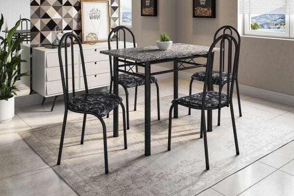 Conjunto Mesa Genebra com 4 Cadeiras Alicante Fabone Preto Prata com Preto Floral - 1