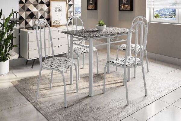 Conjunto Mesa Genebra com 4 Cadeiras Alicante Fabone Branco Prata com Branco Floral - 1