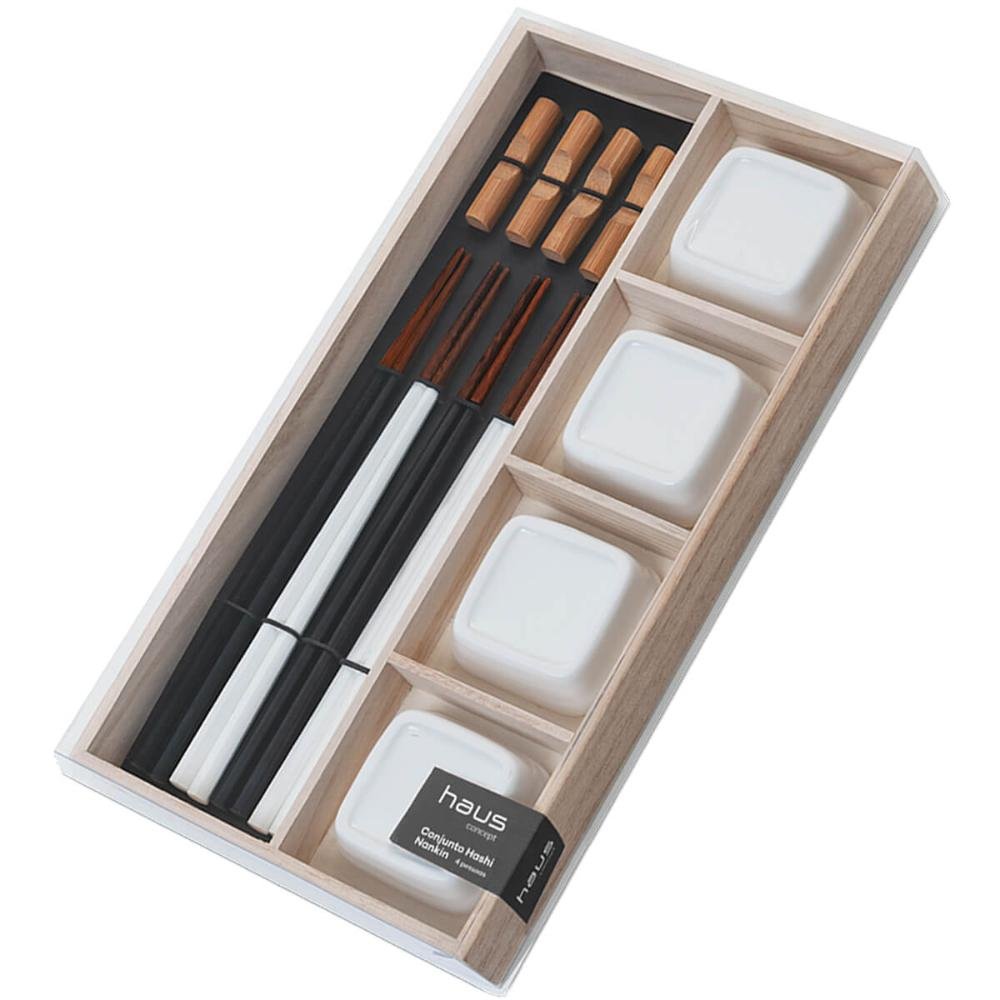 Kit Sushi 4 Pessoas 12 Pçs Hashi Japonês Madeira Molheiras Cerâmica e Apoios de Hashi Nankin Haus - 5