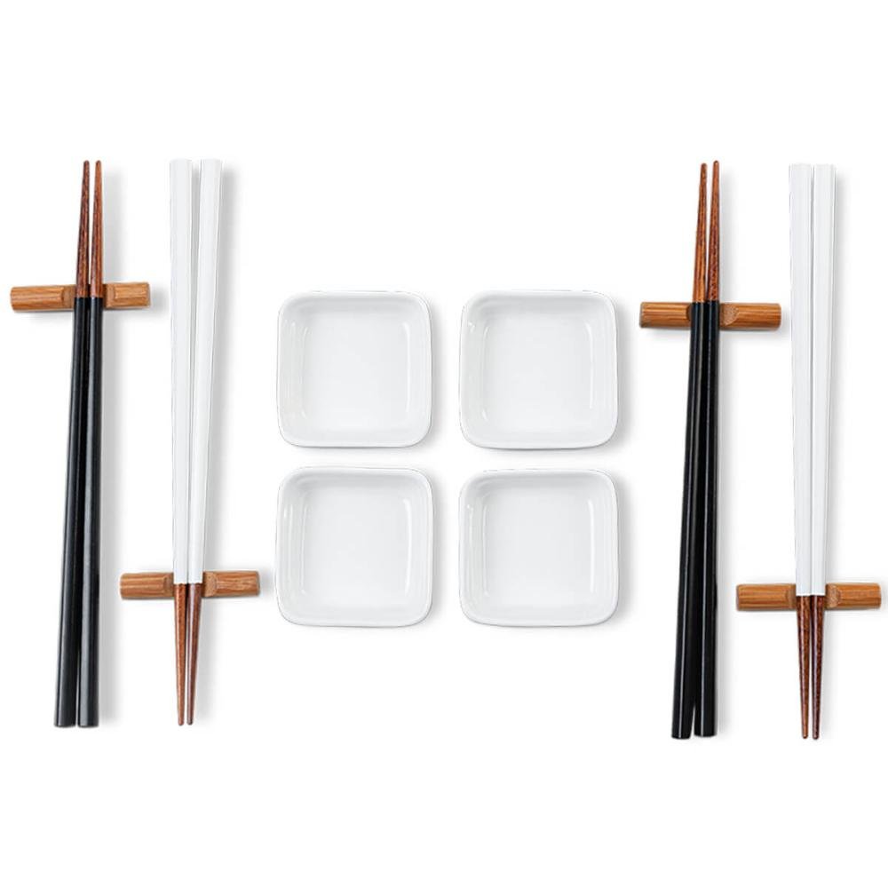 Kit Sushi 4 Pessoas 12 Pçs Hashi Japonês Madeira Molheiras Cerâmica e Apoios de Hashi Nankin Haus