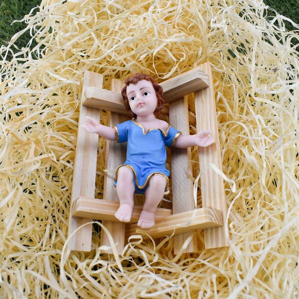 Menino Jesus 12cm Resina e Manjedoura Madeira Presépio Natal:azul - 1