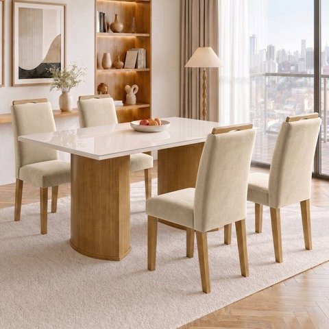 Conjunto de Mesa de Jantar 4 Lugares Isla e Lyra Tampo Vidro/MDF 120x80cm Cinamomo Off White Bege