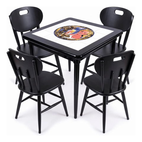 Conjunto Mesa Jantar Quadrada 80x80cm Madeira + 4 Cadeiras Cozinha - Go Hard Or Go Home - Preta