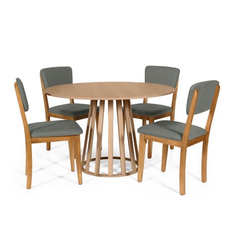 Mesa de Jantar Redonda Gabi Jade com 4 Cadeiras Estofadas Ella Cinza