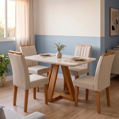 Conjunto Mesa de Jantar com 4 Cadeiras Estofadas e Tampo de Vidro 120x79x90cm Cinamomo