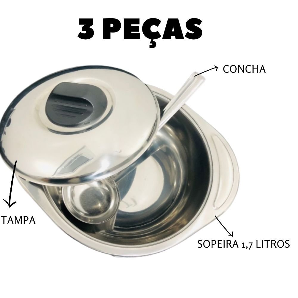 Kit 3 Peças Sopeira Inox Com Tampa e Concha Para Servir 1,7L - 3