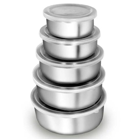 Conjunto 5 Potes em Alumínio Vasilha Bowl Tigelas com Tampa
