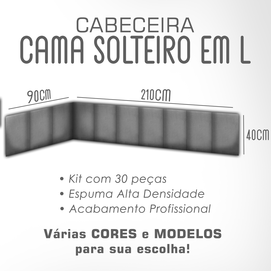 1 Módulo de Cabeceira Cama Box Solteiro Casal Queen King Estofada Modulada 40x30cm - 10