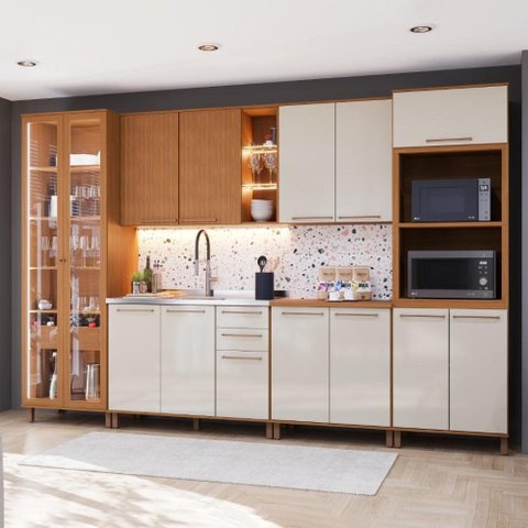 Armário de Cozinha Modulada Completa Fidelitá Berlim 6 Peças 340cm 14 Portas 3 Gavetas sem Tampo