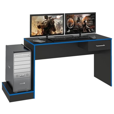 Mesa Escrivaninha Gamer 1 Gaveta 160 Cm Preto Azul Arly