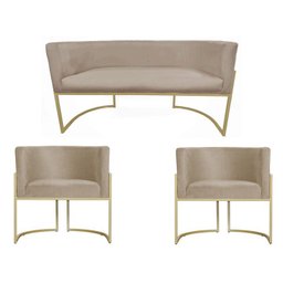 Kit Namoradeira + 2 Poltronas Decorativa Luana Suede Capuccino Base Dourarada Mz Decor - 1