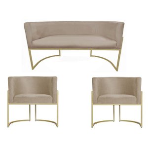 Kit Namoradeira + 2 Poltronas Decorativa Luana Suede Capuccino Base Dourarada Mz Decor
