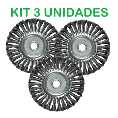 Kit 3 Unidades Escova Aço Carbono Circular Fio Torcido 100mm Diâmetro e Furo 22,2mm