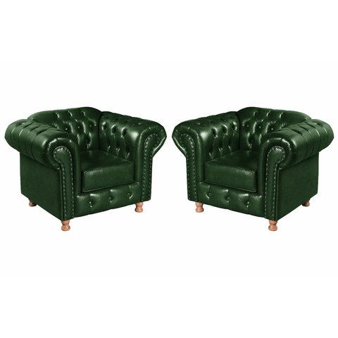 Conjunto 2 Poltronas Luis XV Chesterfield Cadeira Decorativa Sala Recepção - Couríssimo Verde