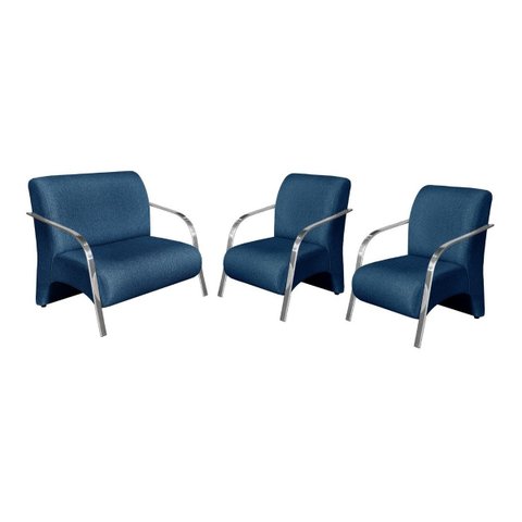 Conjunto Sevilha 2 Poltronas + 1 Namoradeira Braço Metal Decoração Recepção Sala - Linho Azul