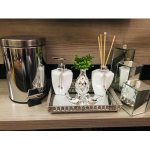 Kit Lavabo Luxo Prata Branco Difusor Sabonete Lixeira Porta Escova Dente