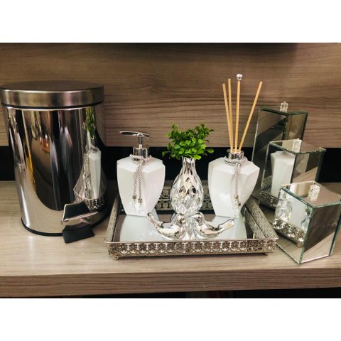 Kit Lavabo Luxo Prata Branco Difusor Sabonete Lixeira Porta Escova Dente