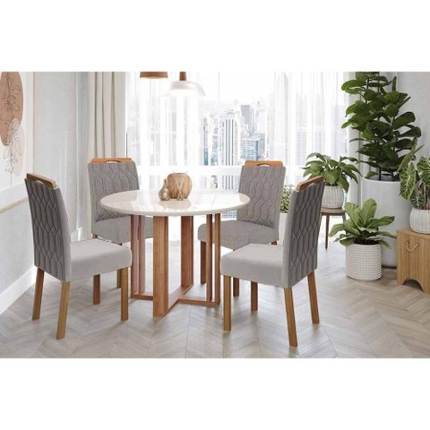 Sala de Jantar Completa Flora Tampo Madeirado C/ Vidro 109cm e 4 Cadeiras Paola Nature/off White -