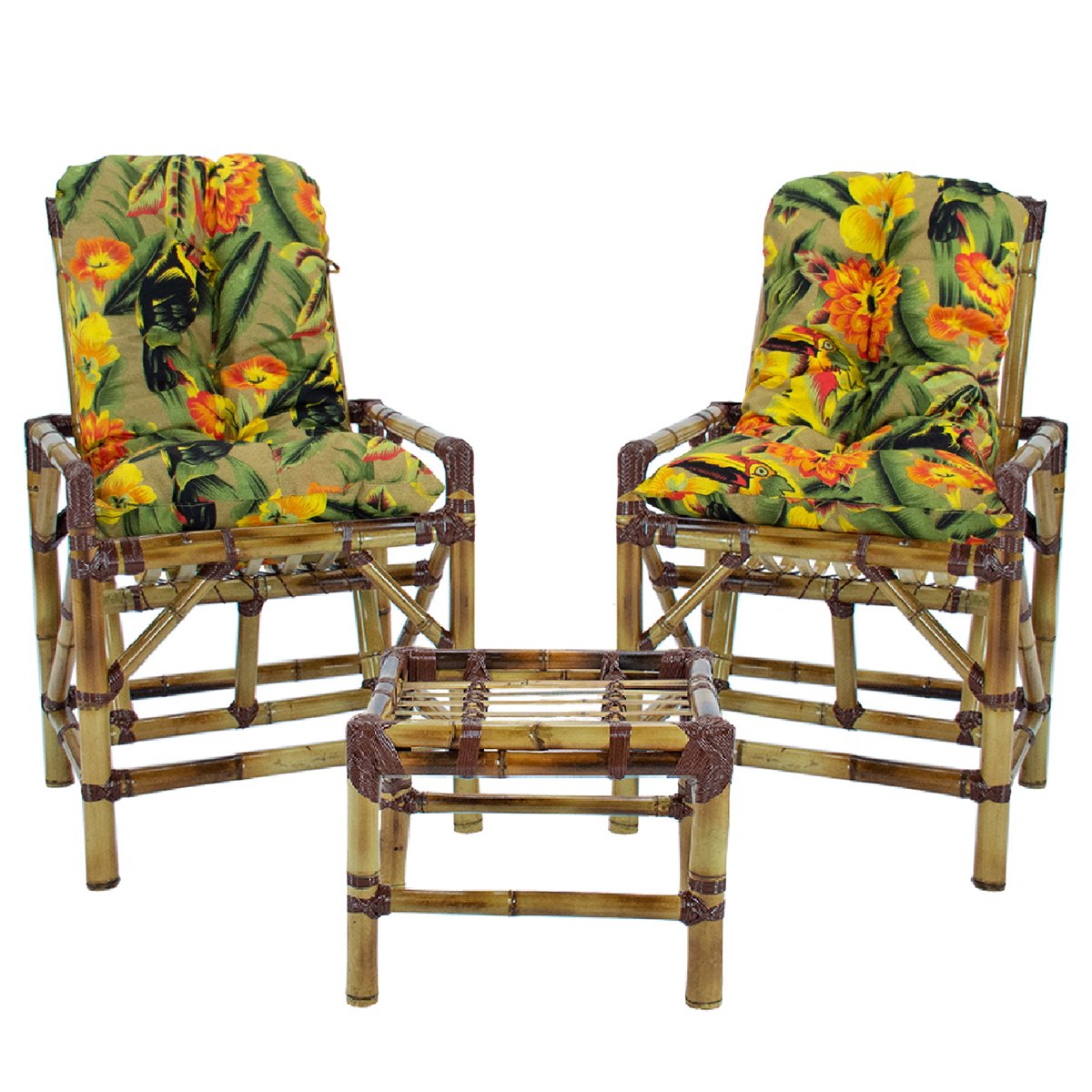 Kit 2 Cadeiras de Bambu + Mesa de Centro Área Interna e Externa Cor Floral T13
