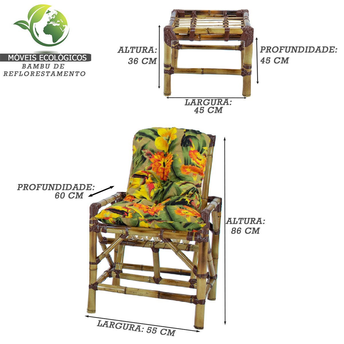 Kit 2 Cadeiras de Bambu + Mesa de Centro Área Interna e Externa Cor Floral T13 - 3