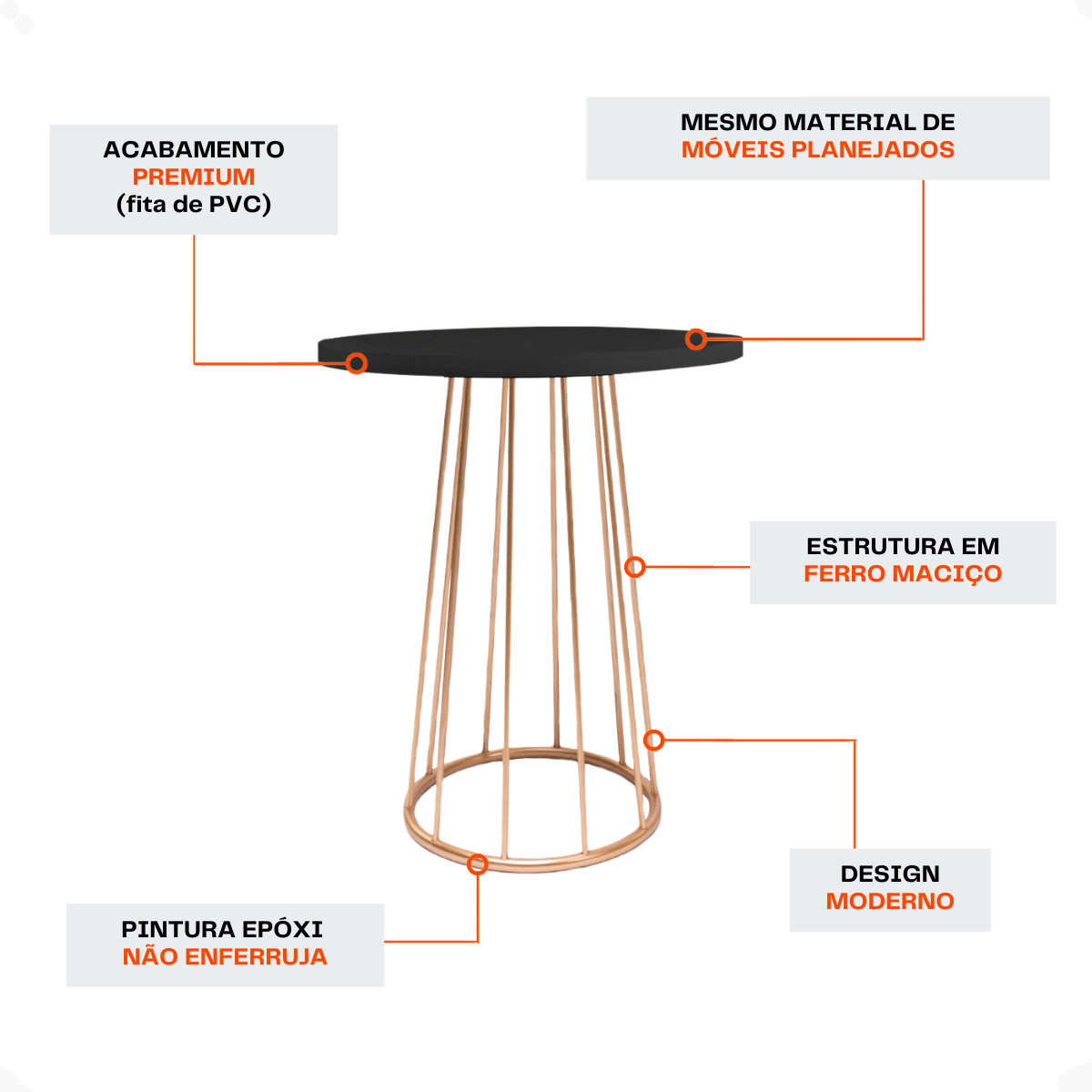 Mesa de Lateral e Canto Redonda Pé em Ferro Pequena Preta Moderna Decorativa de Apoio Base Dourada S - 5