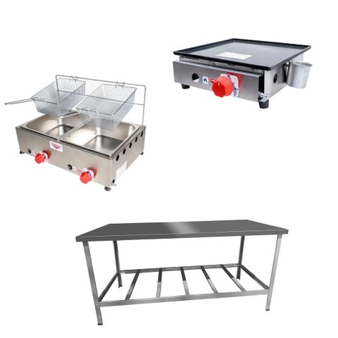 Kit Lanchonete Mesa de Manipulação 190x70cm + Fritadeira a Gás 2 Cuba + Chapa a Gás 30cm