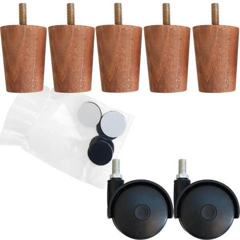 Kit 5 Pés Madeira Cor Mel E 2 Rodízios para Cama Box Casal
