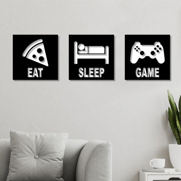 Conjunto 3 Quadros em MDF Eat, Sleep, Game sem Moldura - 1