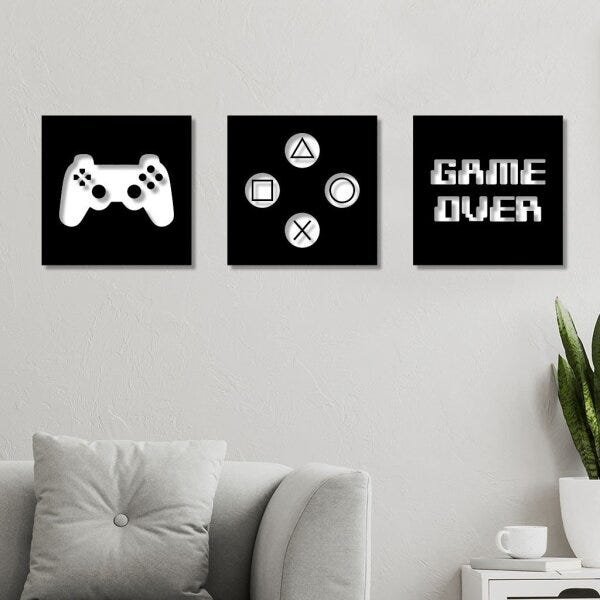 Conjunto 3 Quadros em MDF Game Over sem Moldura