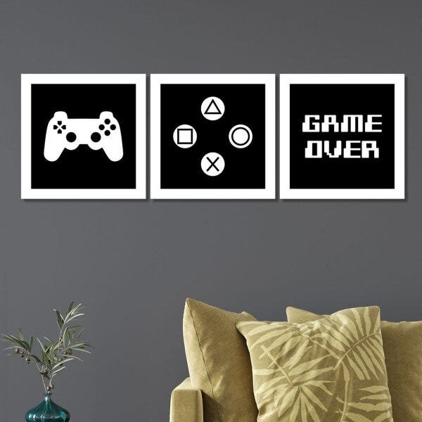 Conjunto 3 Quadros em MDF Game Over com Moldura