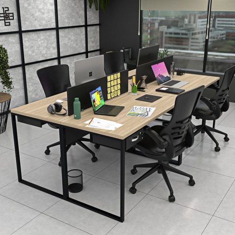Escrivaninha Mesa Escritório 2 Gavetas 4 Lugares 240cm Industrial Carvalho e Preto Bege