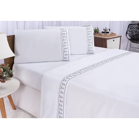 Jogo lençol Tulipa quarto casal Queen bordado 4 peças 2fronha: Branco com Cinza