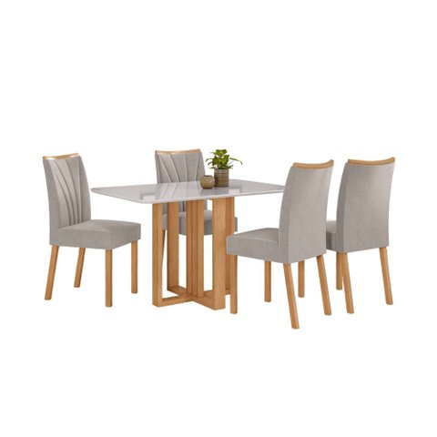 Conjunto Sala de Jantar Mesa Téssera 120 Tampo Vidro Off White com 4 Cadeiras Téssera - Lopas Amendo