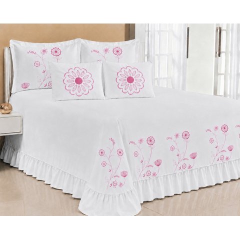 Kit Cobre Leito Casal Queen Encanto 07 Peças Bordado Colcha - Branco com Pink