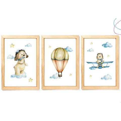 3 Quadros Decorativos Infantil Ursinho Aviador Aquarela:pinus